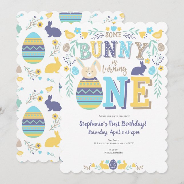 Invitation Printemps, garçon 1er anniversaire, Pâques, Lapin (Devant / Derrière)