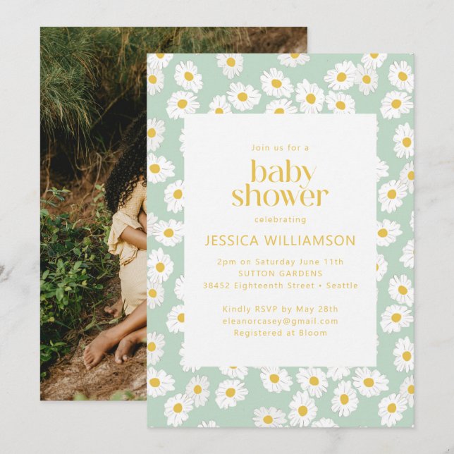 Invitation Printemps Pastel Sage Green Daisies Baby shower Ph (Devant / Derrière)