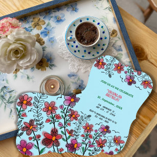 INVITATION PRINTEMPS UNIQUE ROUGE DOODLE FLEURS ANNIVERSAIRE