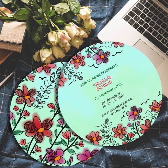 INVITATION PRINTEMPS UNIQUE ROUGE DOODLE FLEURS ANNIVERSAIRE (Créateur téléchargé)