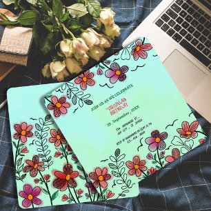 INVITATION PRINTEMPS UNIQUE ROUGE DOODLE FLEURS ANNIVERSAIRE