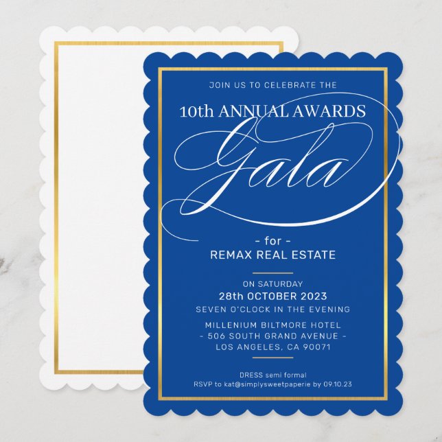 Invitation PRIX GALA DÎNER moderne affaires royal bleu or (Devant / Derrière)