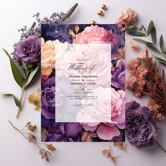 Invitation Profond violet, lavande et Rose or Mariage Floral (Créateur téléchargé)
