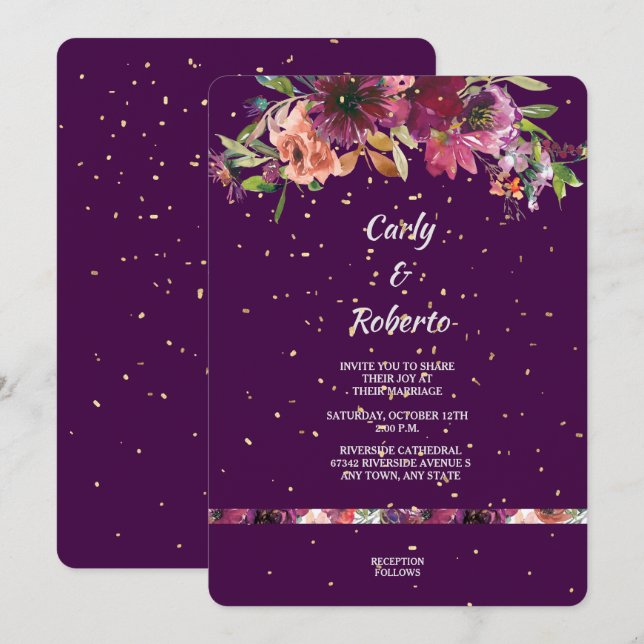 Invitation Profond violet vif Floral Mariage Confetti or (Devant / Derrière)