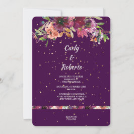 Invitation Profond violet vif Floral Mariage Confetti or