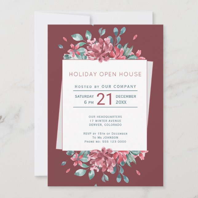 Invitation Profonde Bourgogne Rouge Blooms Holiday Open House (Devant)