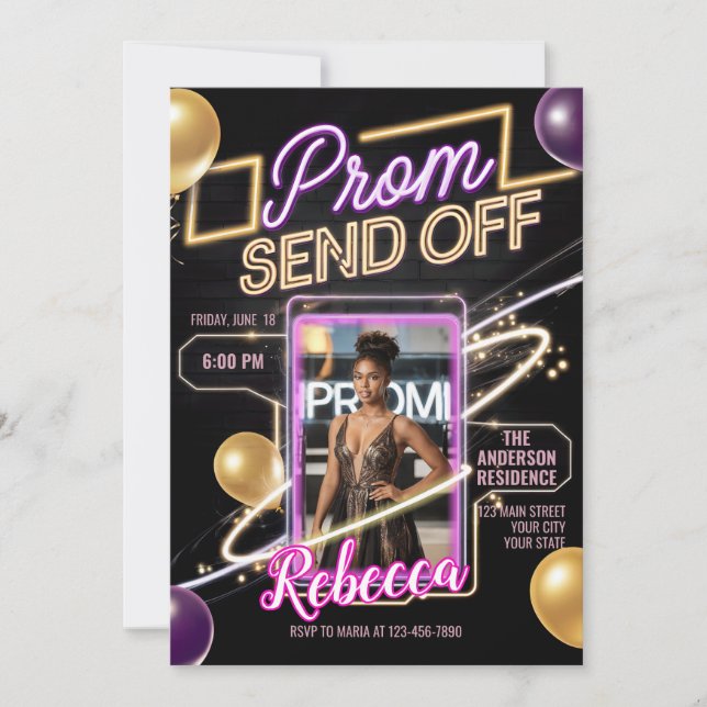 Invitation Prom Moderne Personnalisé Envoi De Neon Rose Noir (Devant)