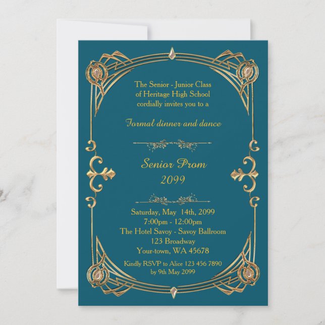 Invitation Prom senior, bleu vert & or, style Gatsby (Devant)