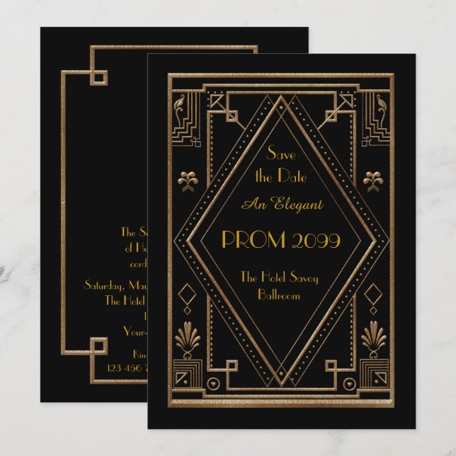 Invitation Prom Senior Junior, Black Gold Geometry, Art Déco (Devant / Derrière)