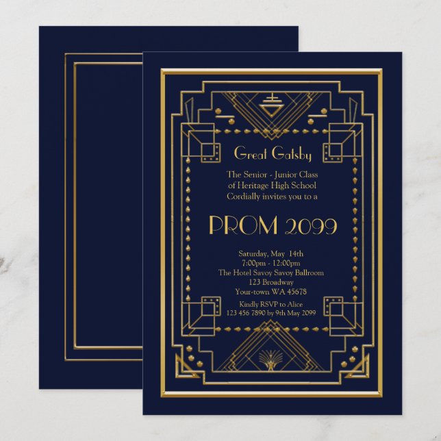 Invitation Prom Senior-Junior, Great Gatsby, or, marine (Devant / Derrière)