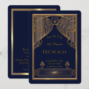 Invitation Prom Senior Junior, Navy, Gold Geometry, Art Déco