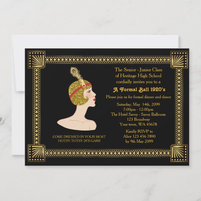 Invitation Prom senior, style Gatsby, noir & or, monogramme (Devant)