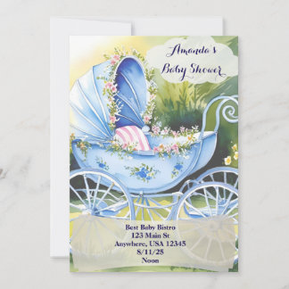 Invitation Promenade de bébé bleue vintage dans le jardin en 