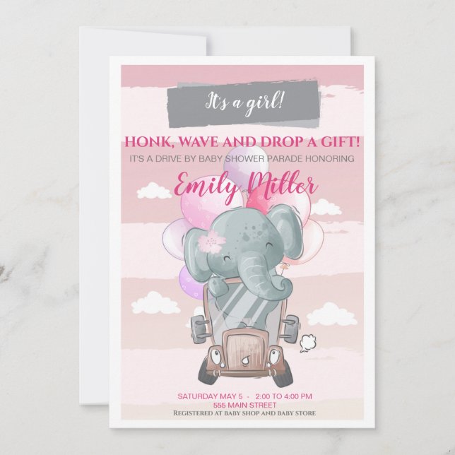 Invitation Promenade d'éléphant par baby shower invitant girl (Devant)