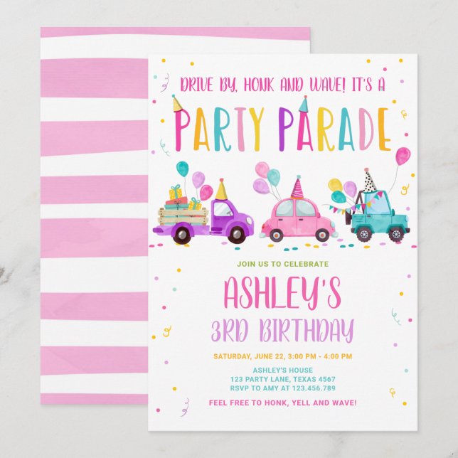 Invitation Promenade Par Anniversaire Parade Rose Drive Par (Devant / Derrière)