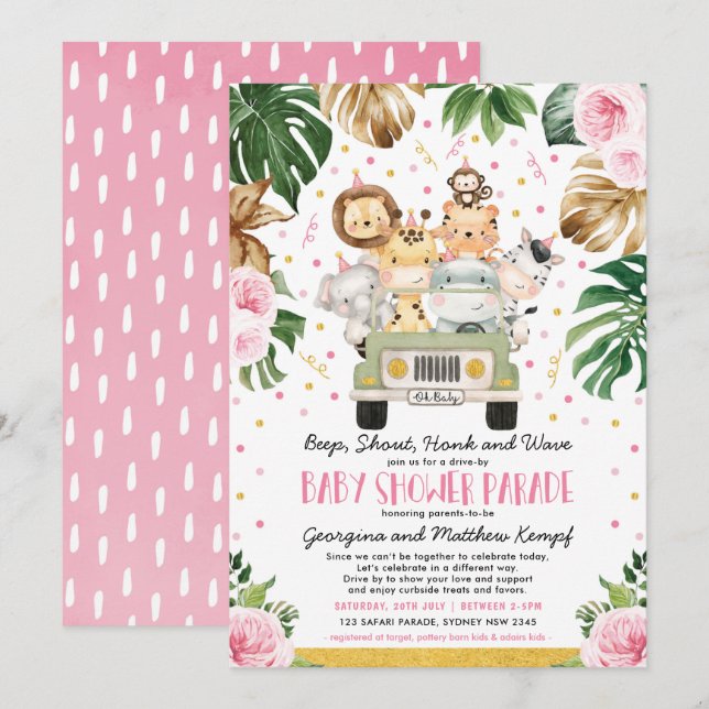 Invitation Promenez-vous dans le Safari Floral Rose Baby show (Devant / Derrière)