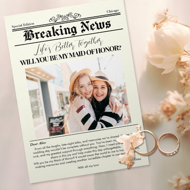 Invitation Proposition de la domestique Couverture du journal (Bridesmaid Proposal Newspaper Cover 1 Photo Invitation)