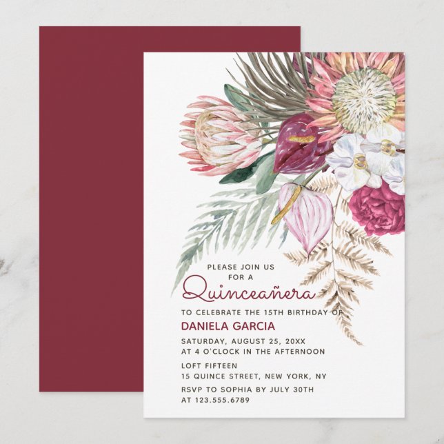 Invitation Protea Aquarelle Bouquet Floral Quinceañera (Devant / Derrière)