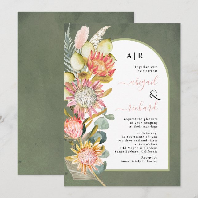 Invitation Protea fleurs pampas herbe vert mariage (Devant / Derrière)