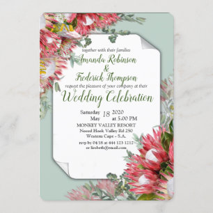 Invitation Protea Fuchsia avec ruban vert & or