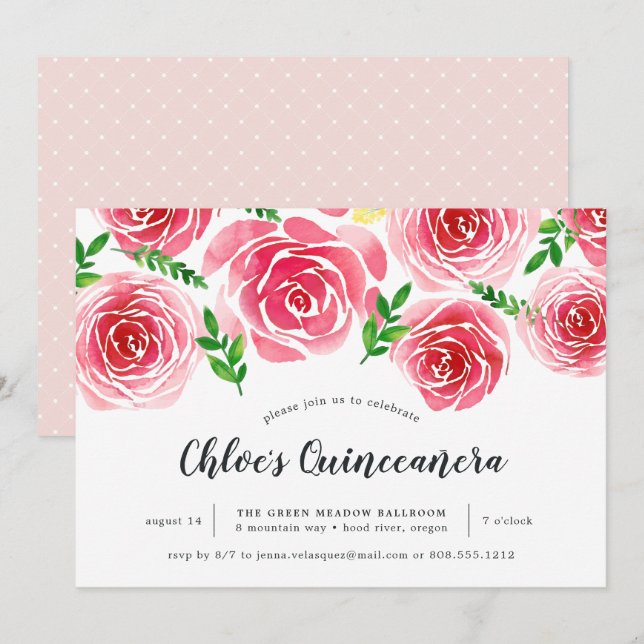 Invitation Provence Rose | Aquarelle rouge Floral Quinceañera (Devant / Derrière)