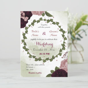 Invitation prune rose bordeaux fleurs vert couronne mariage
