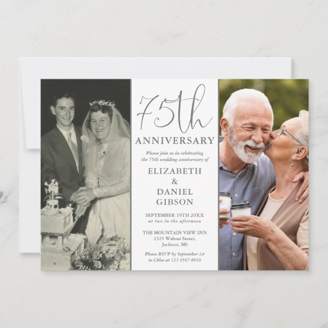 Invitation Puis Et Maintenant 2 Photo 75e Anniversaire Mariag (Devant)