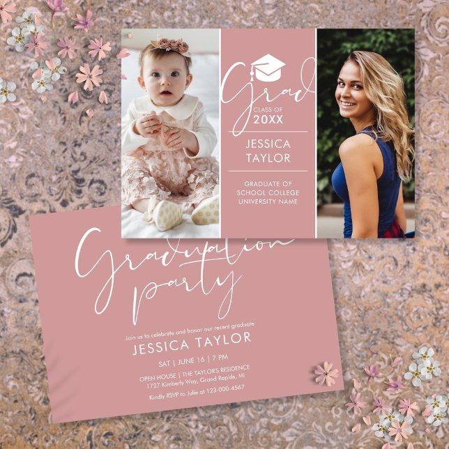 Invitation Puis Et Maintenant 2 Photo Pink Graduation Party (Then And Now 2 Photo Pink Graduation Party Invitation)