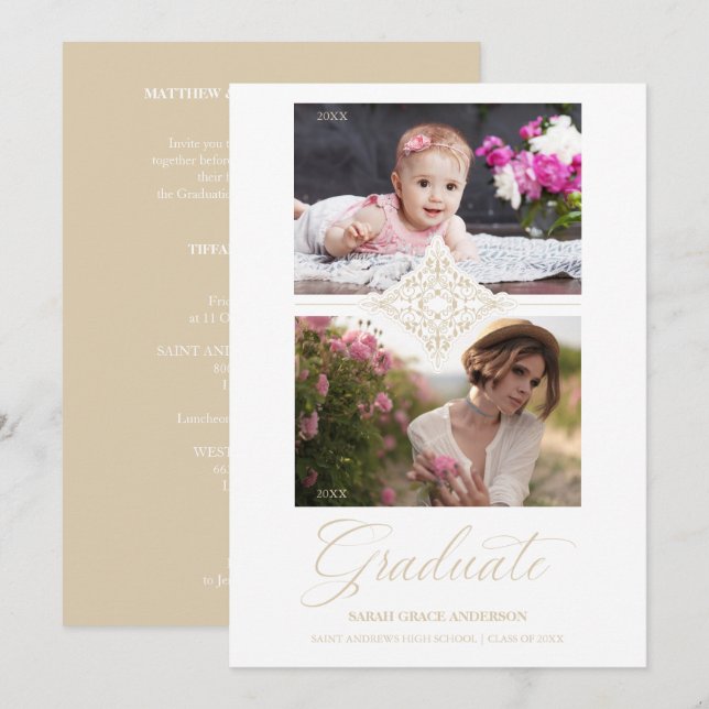 Invitation Puis et maintenant Chic Gold 2 Photos Ornament Gra (Devant / Derrière)
