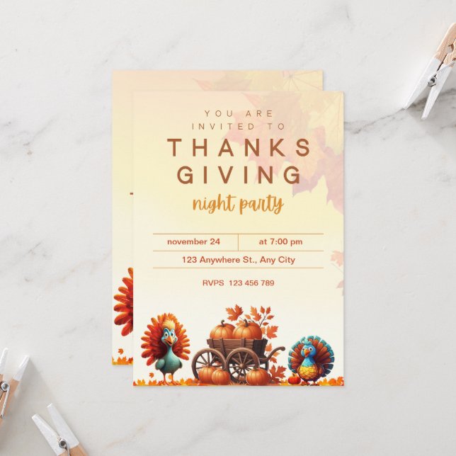 INVITATION PUMPKIN CART AND FUNNY TURKEYS (Devant/Arrière en situation)