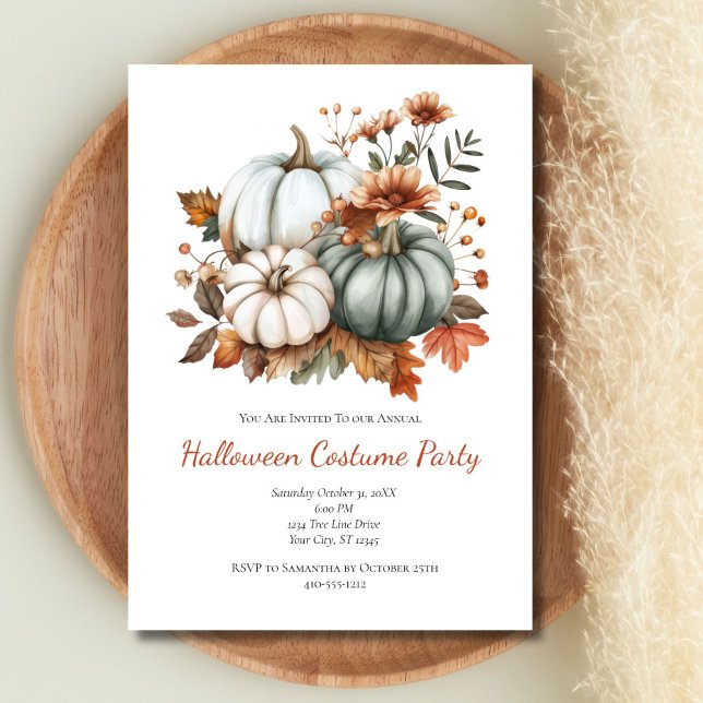 Invitation Pumpkins Automne Fleurs d'automne Halloween (Pastel Green White Pumpkins Fall Autumn Leaves Flowers Halloween Party invitation. Printed Digital)