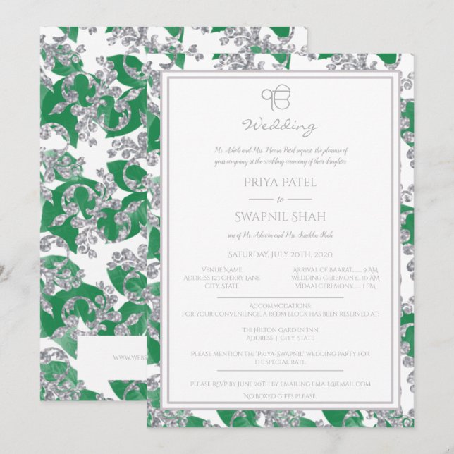 Invitation Punjabi floral Ek sikh Onkar de vert argenté de (Devant / Derrière)