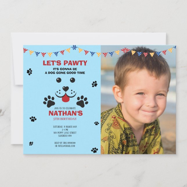 Invitation Puppy Dog Lets Pawty Birthday Boy Photo (Devant)