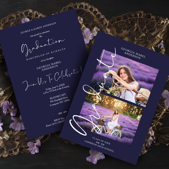 Invitation Purple 2 Photos Exquise Calligraphie Graduation (Purple 2 Photos Modern Exquisite Calligraphy Graduation Invitation Card with Envelope.)