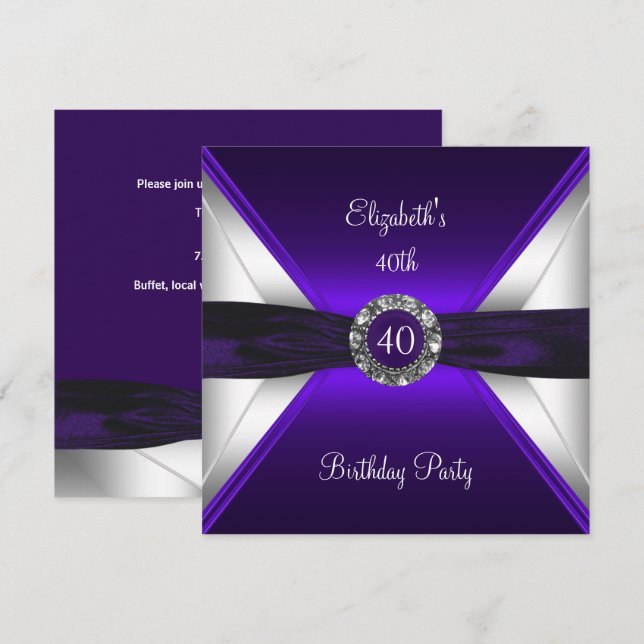 Invitation Purple 40e anniversaire Diamond White Silver Party (Devant / Derrière)