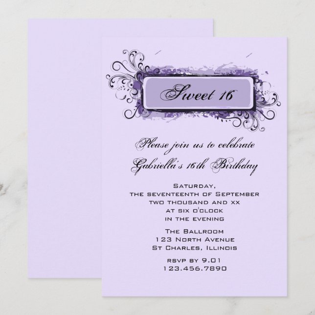Invitation Purple Abstrait Floral Sweet 16 fête d'anniversair (Devant / Derrière)