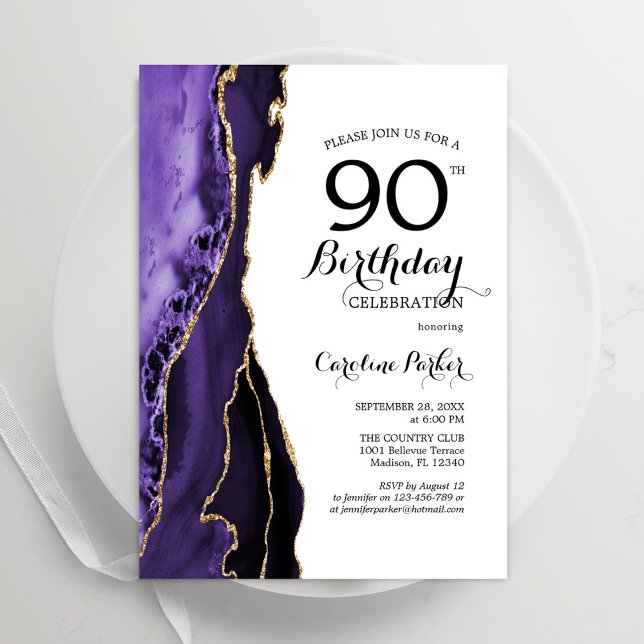Invitation Purple Agate Or Blanc 90e anniversaire (Créateur téléchargé)