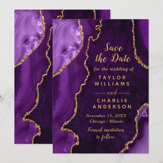 Invitation Purple and Gold Agate Marble Save The Date (Devant / Derrière)
