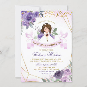 Invitation Purple and Gold Girl Floral First Holy Communion
