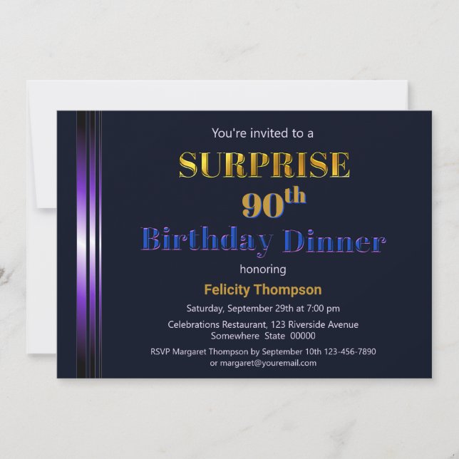 Invitation Purple and Navy Blue Surprise Dîner d'anniversaire (Devant)