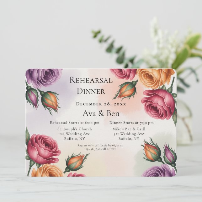 Invitation Purple and Sage Green Roses Rehearsal Dinner (Debout devant)