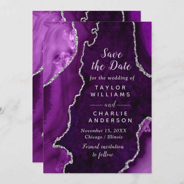 Invitation Purple and Silver Agate Marble Save The Date (Devant / Derrière)