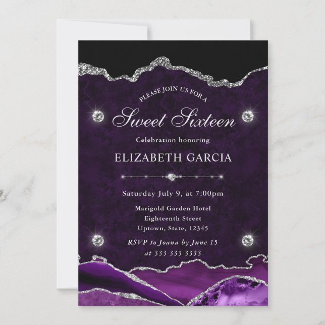 Invitation Purple and Silver Glitter Agate Sweet 16 (Devant)