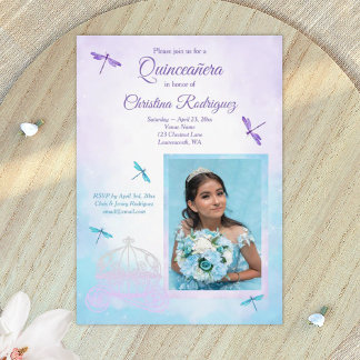Invitation Purple and Turquoise, Dragonflies Quinceañera