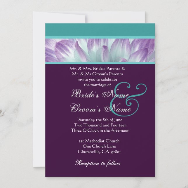 Invitation Purple Aqua Blue Dahlia Petals Mariage Recyclé (Devant)