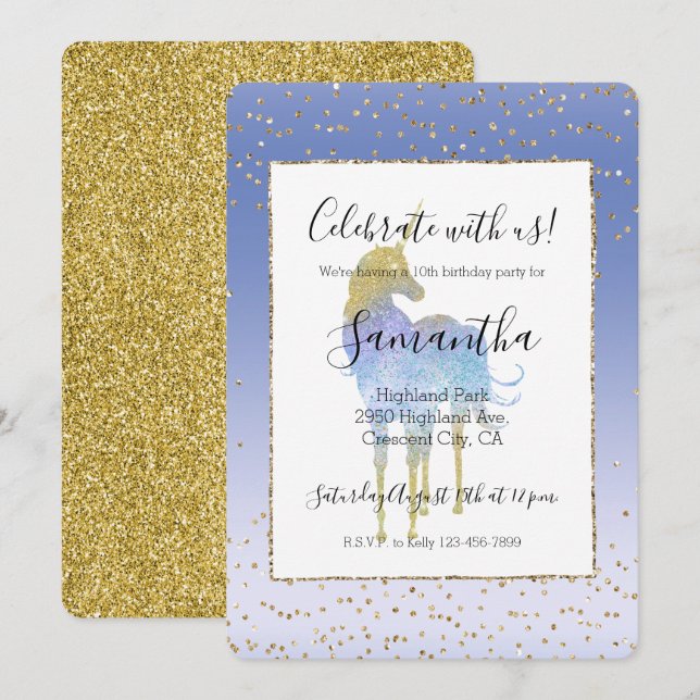 Invitation Purple Aqua Gold Parties scintillant Unicorn (Devant / Derrière)