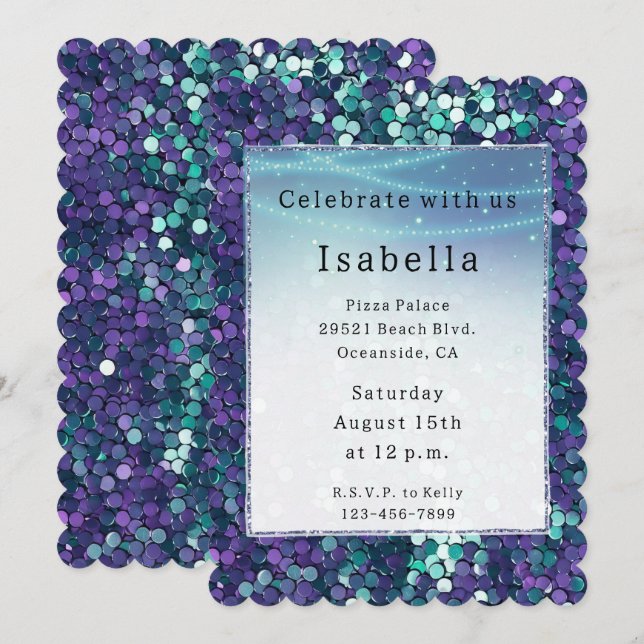 Invitation Purple Aqua Sparkle Glitzy Mermaid Anniversaire (Devant / Derrière)