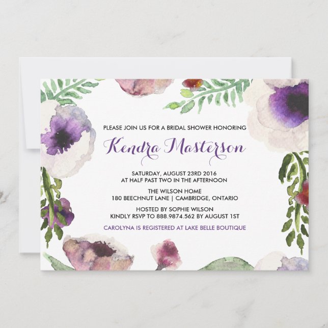 Invitation Purple Aquarelle Anémonique Douche nuptiale Invita (Devant)