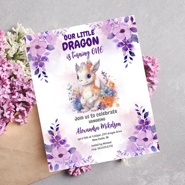 Invitation Purple Aquarelle Dragon Bébé 1er Anniversaire (Create Magic with Cute Watercolor Dragon Baby 1st Birthday Invitation )