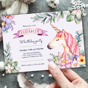 Invitation Purple Aquarelle Fleur Unicorn Fille Anniversaire